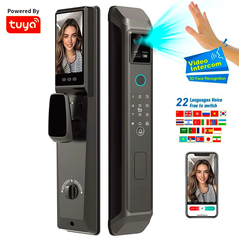Smart Lock Intercom Real-Time Video Call 3D Face Recognition Fingerprint Smart Camera Cloud Wi-Fi Wood Steel Door