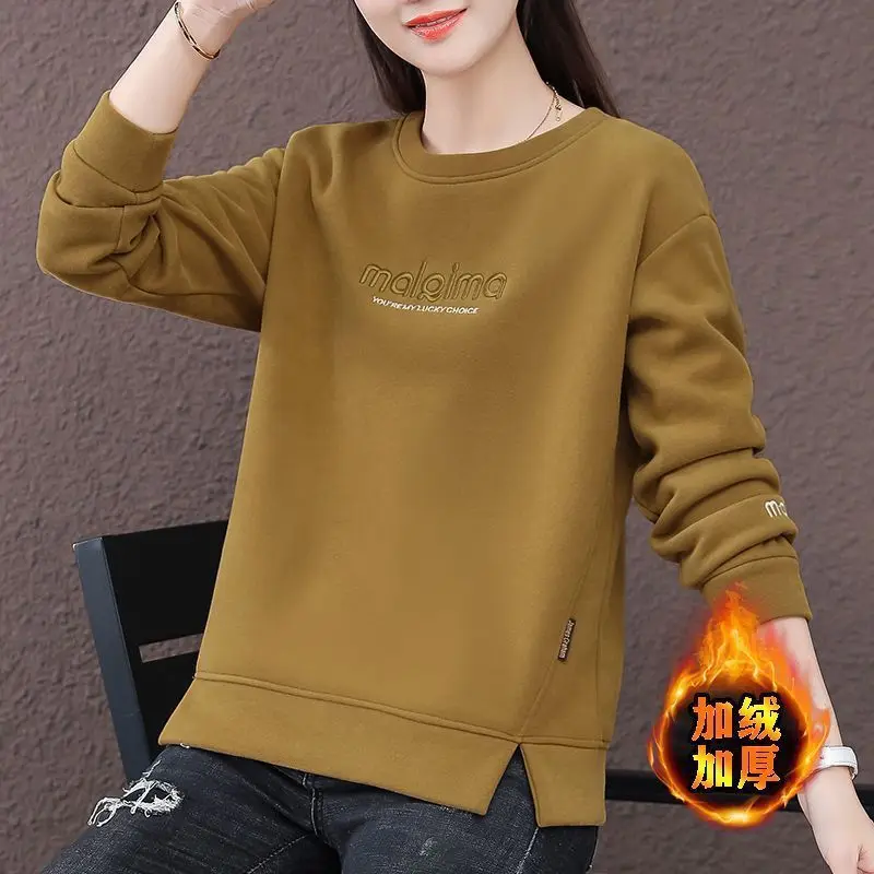 Letter Embroidered Crew Neck Sweater 2025 Autumn and Winter New Velvet Foreign Style Loose and Thin Top