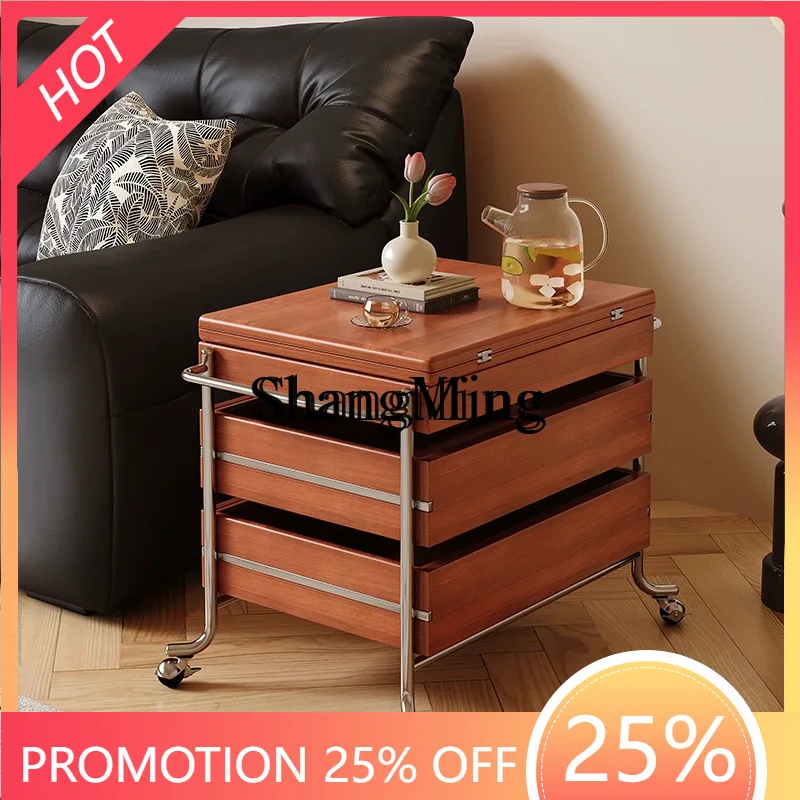 

SM solid wood multi-functional coffee table retro small apartment household folding trolley mobile storage side table
