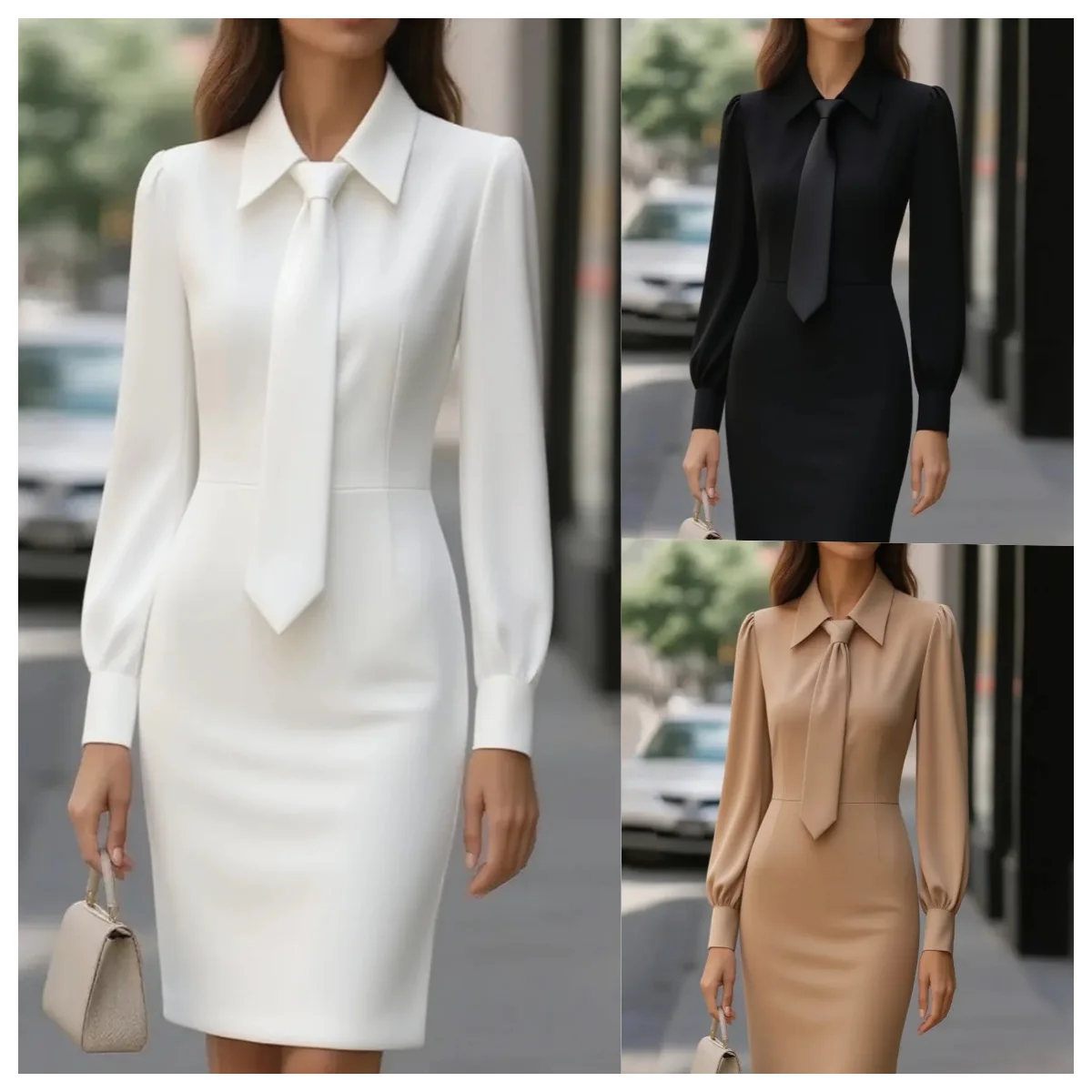 Jesienna Moda Sukienka Midi z Kołnierzykiem i Wiązaniem, Elegancka Sukienka z Wysokim Stanem, Dopasowana, Ołówkowa, Damska Sukienka Codzienna z Długim Rękawem na Imprezę