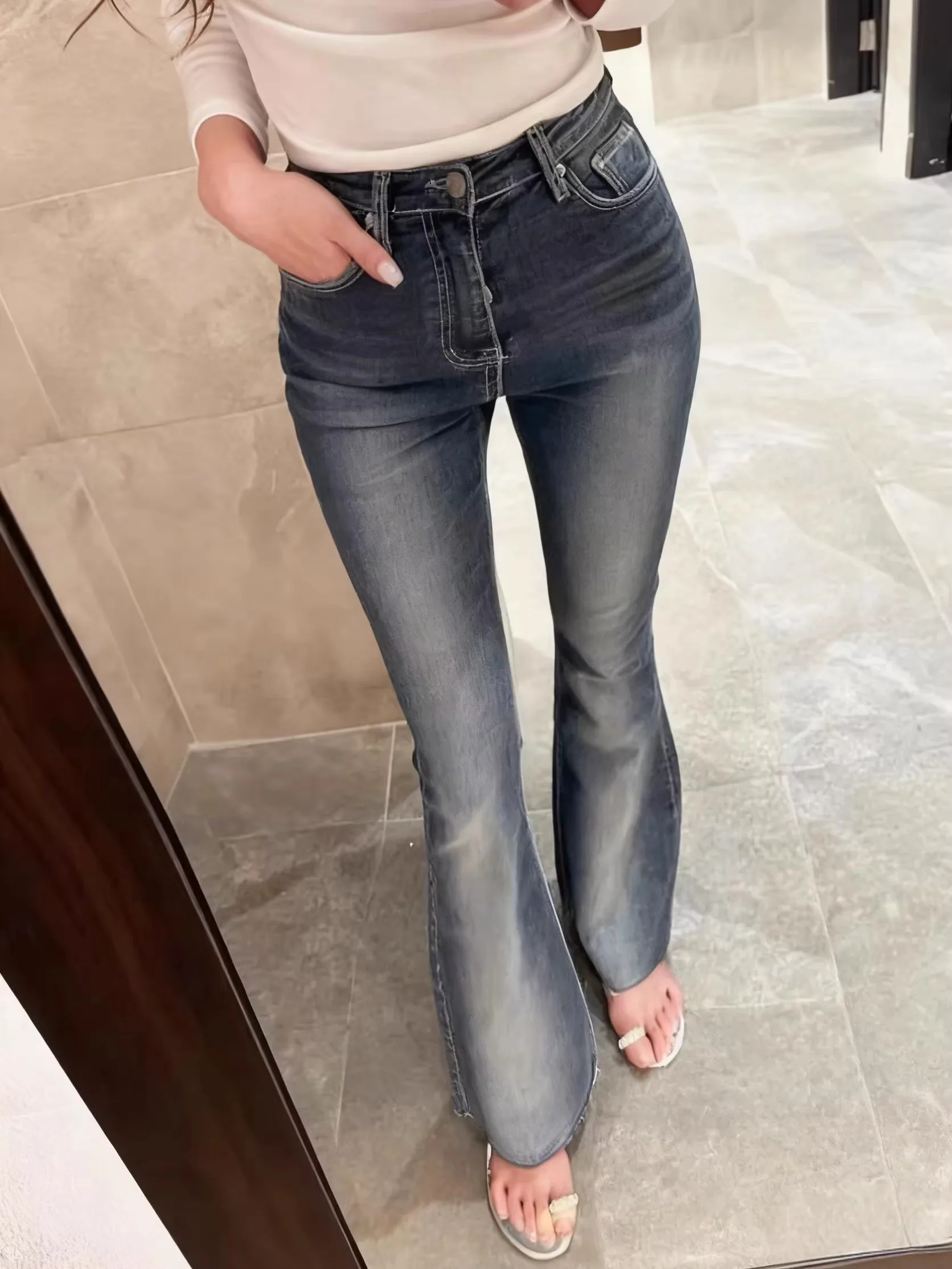 

Retro Deep Blue Frayed White Design Women's High Waist Elastic Slimming Bell Bot Jeans Cotton Stretch Denim Autumn Long Pants