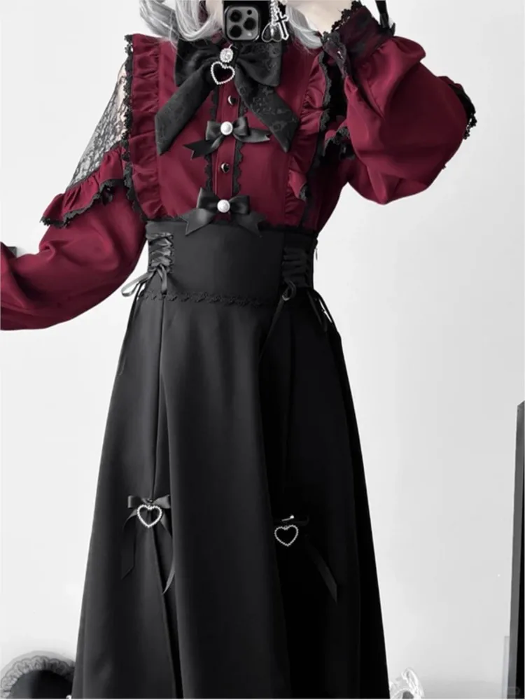 

Red lace-trimmed shirt Lei set cute and sweet dress