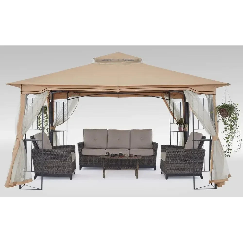 11x11 Beige Patio Gazebo with Mesh Walls for Lawn, Garden, Backyard, and Deck