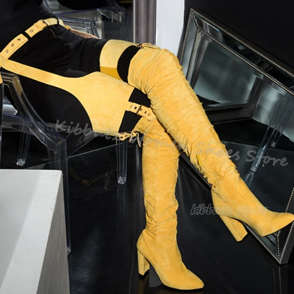 

Замшевые брюки-сапоги выше колена с пряжкой на ремне, однотонные модные роскошные элегантные лаконичные пикантные женские туфли, новые туфли на заостренном каблуке