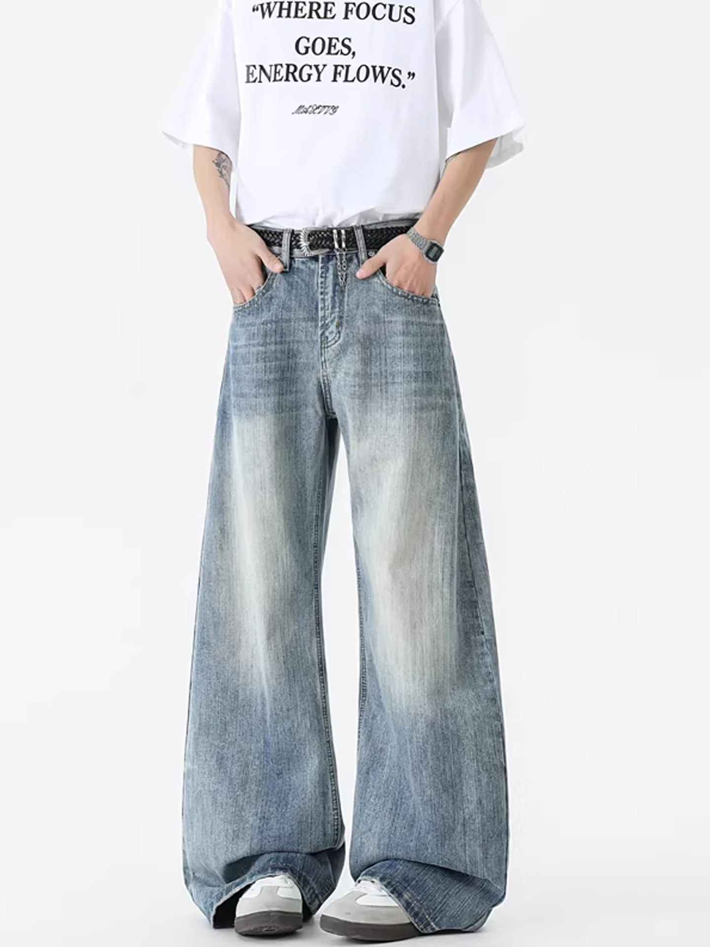 

American Washed Bamboo Fiber Knife Men's High Street Loose Vintage Trendy Straight Leg Wide Leg Long Jeans