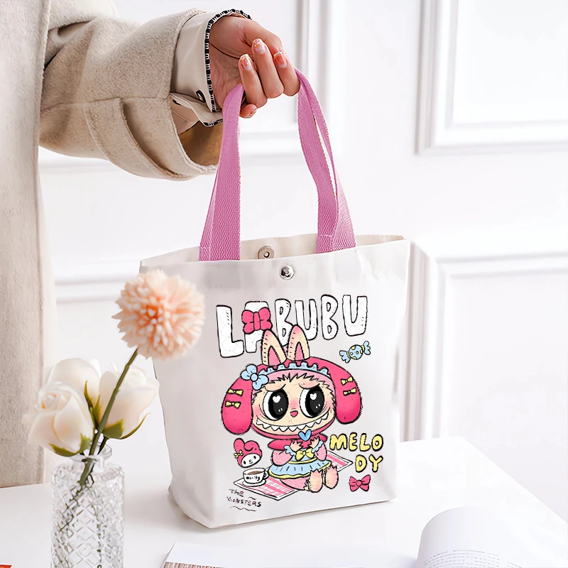 POP MART Labubu Canvas Handbags for Women Anime Cartoon Printing Tote-bag Students Commute Portable Cute Shopping Bags