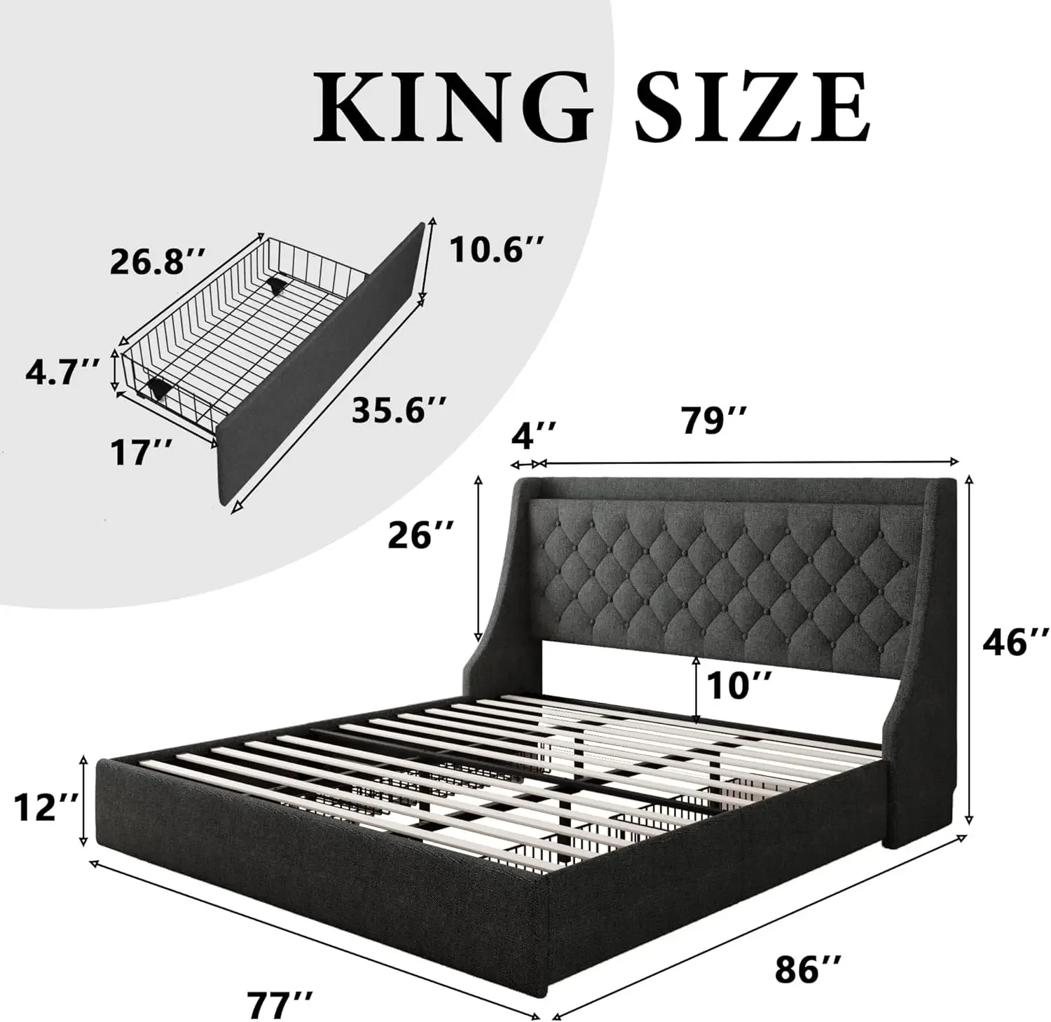 King Size Bed Frame with 4 Storage Drawers, Upholstered Platform, Type-C and USB Ports, Wingback Storage Headboard