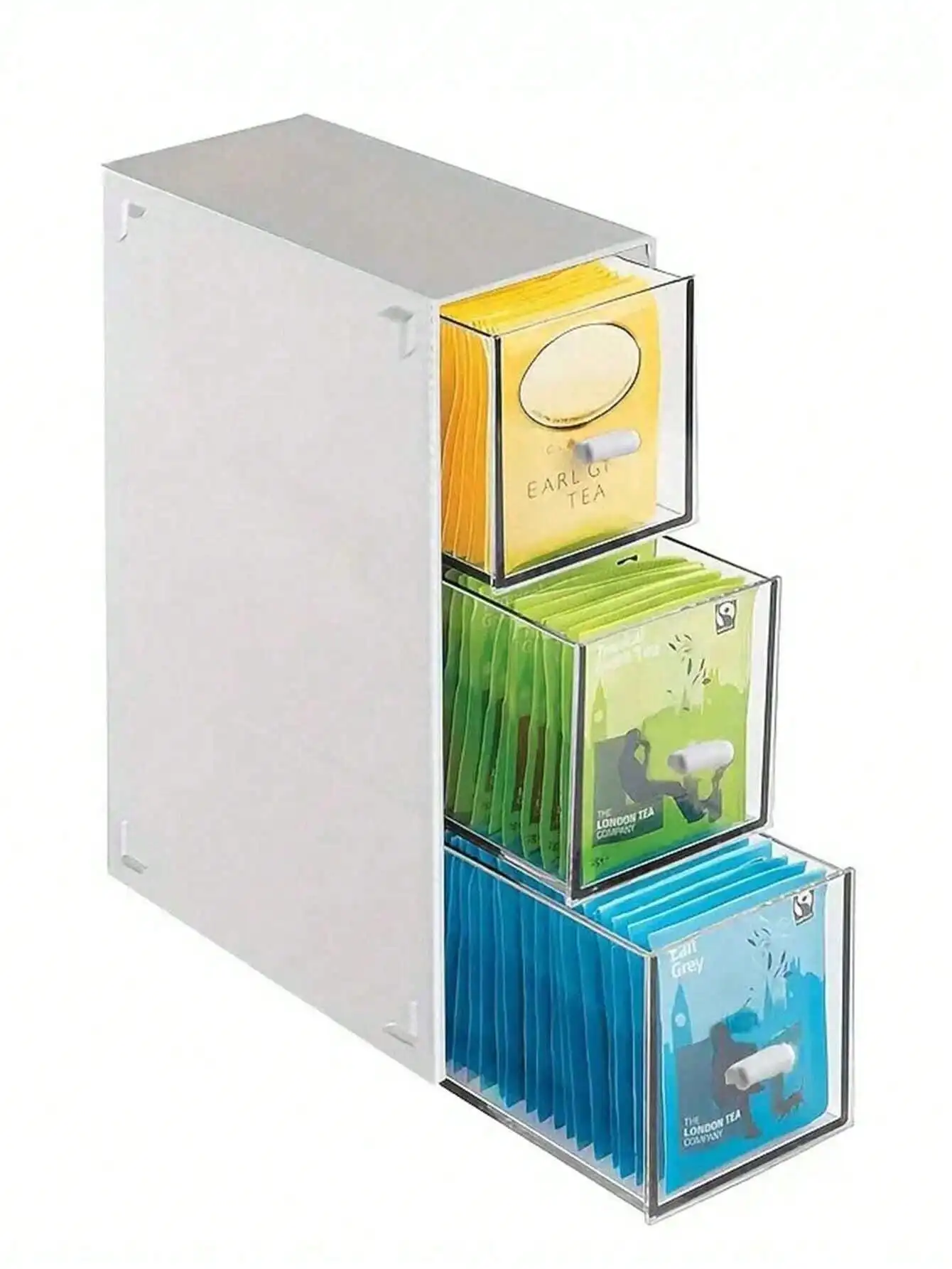 3 Tier Tea Bag Storage Organizer Modern Clear Plastic Drawer Storage Box White Frame Dustproof Pull Out Drawers For Coffee Pods Sugar Packets Kitchen Countertop Office Coffee Bar Dorm Back To School Housewarming Gift