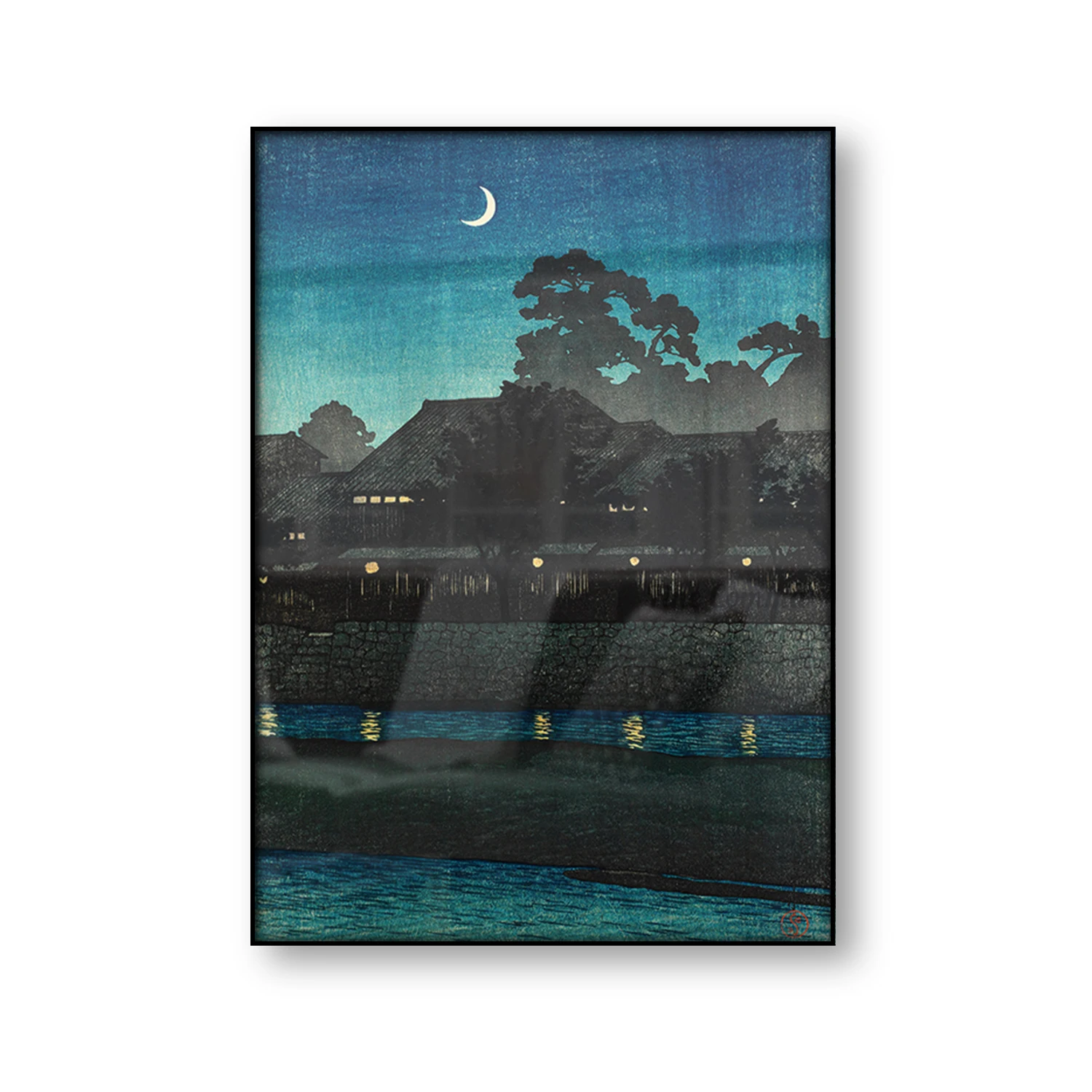 Crescent Moon and Tea Houses Kanazawa Hasui Kawase Vintage Japanese Wall Art Poster Woodblock Canvas Print Home Decor Gift