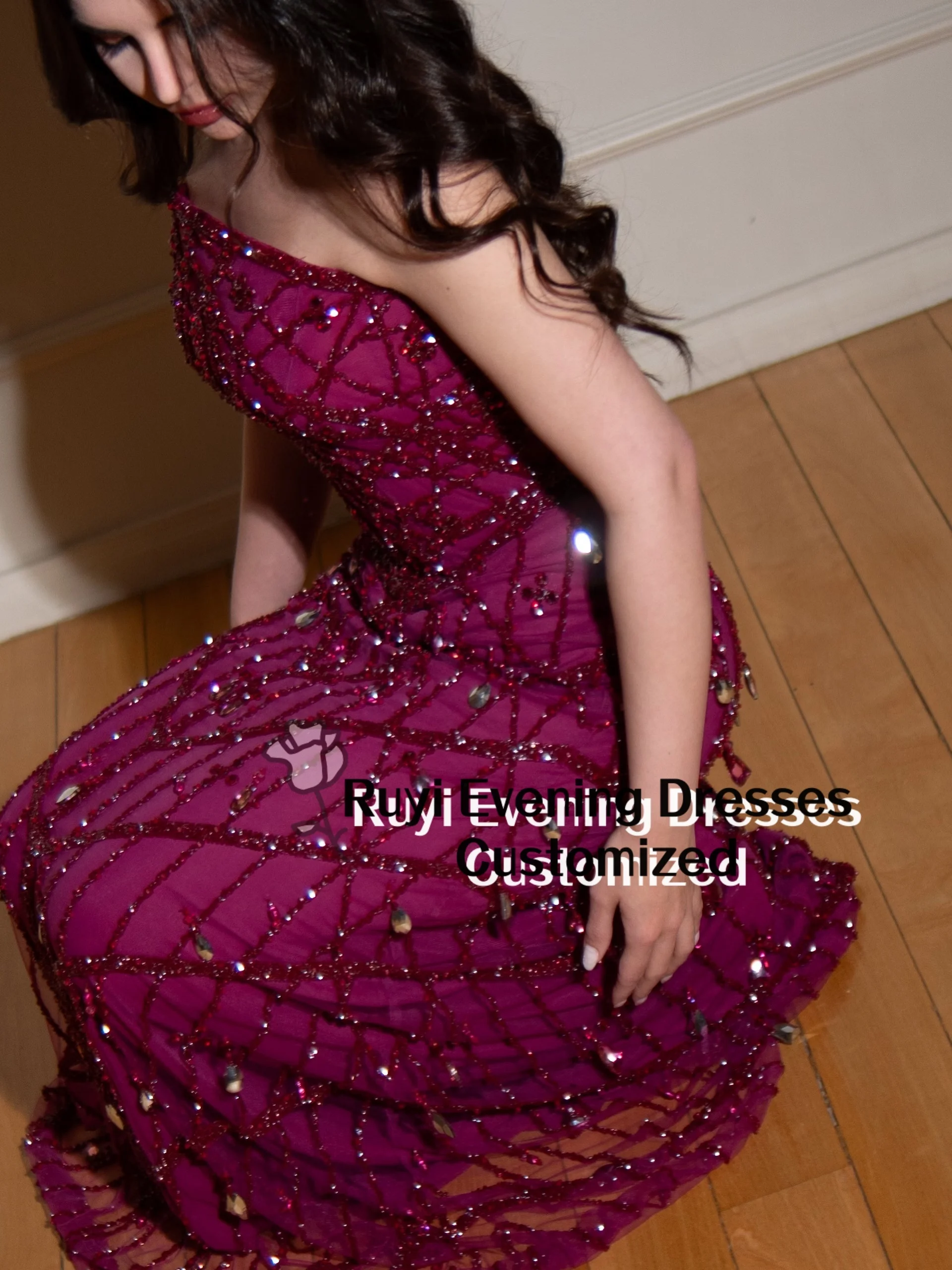 Customized Magenta Beaded Floor Length Strapless Formal Evening Gown Vestidos de Fiesta Luxury Sequins Crystal Prom Dress