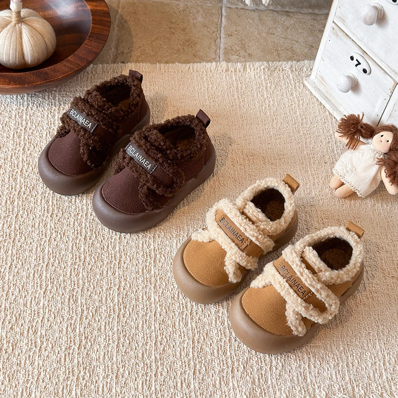 2026 Winter New Children's Shoes Girls Korean Style Lamb Wool Girl Cotton Shoes Thicken Velvet Warm Anti-kick Furry Shoes