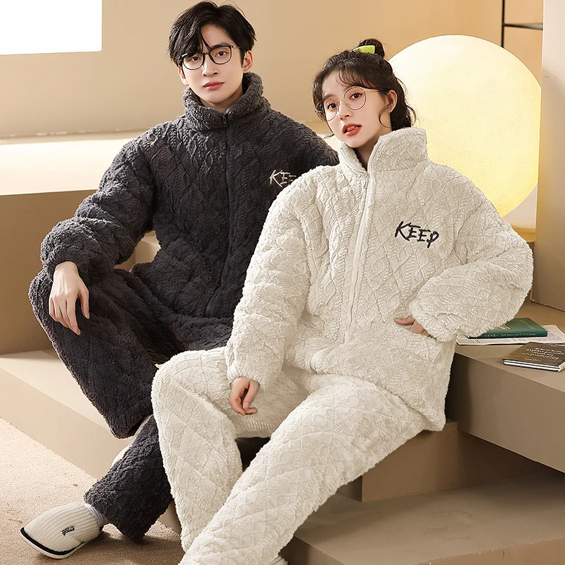 Couple's Thicken Pajamas Winter Warm Women's Sleepwear Men's Coral Velvet Zipper Pyjamas set Flannel Loungewear for Lovers