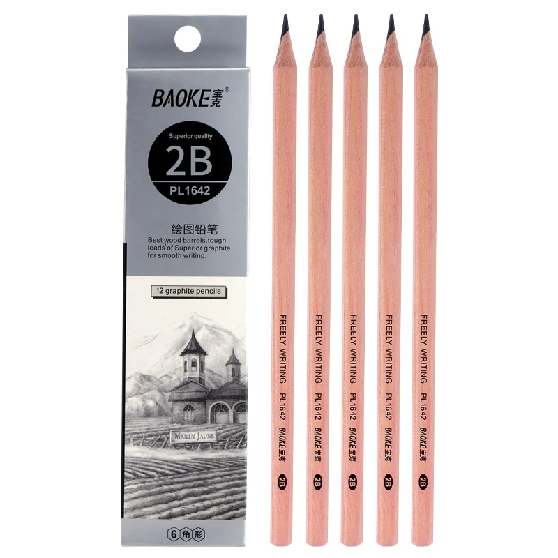 BAOKE 2B/4B/3H  Hexagonal Drawing Pencil Student School 12pcs PL1642/PL1644/PL1653