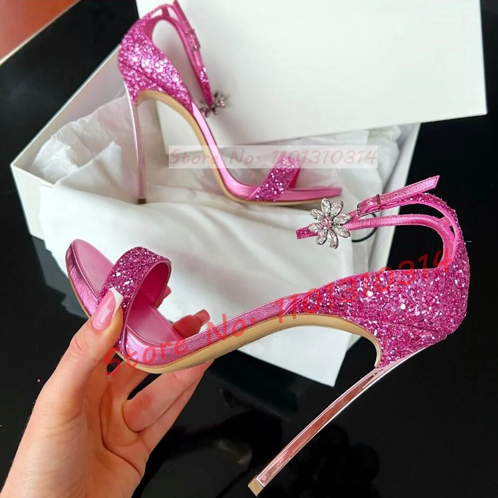 Luxury Glitter Pink Heels Sandals Women Crystal Flowers Shoes Bling High Metal Heels Sandals Peep Toe Women Summer Brand Shoes