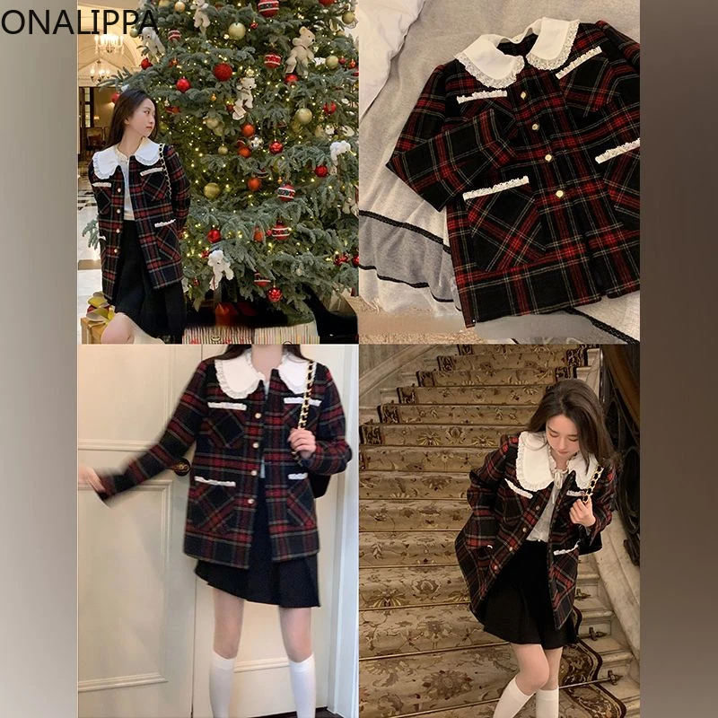 Onalippa Contrast Plaid Wool Coat Wood Ear Hem Peter Pan Collar Loose Jacket Korean Preppy Style Winter Women Coat Warm 2022