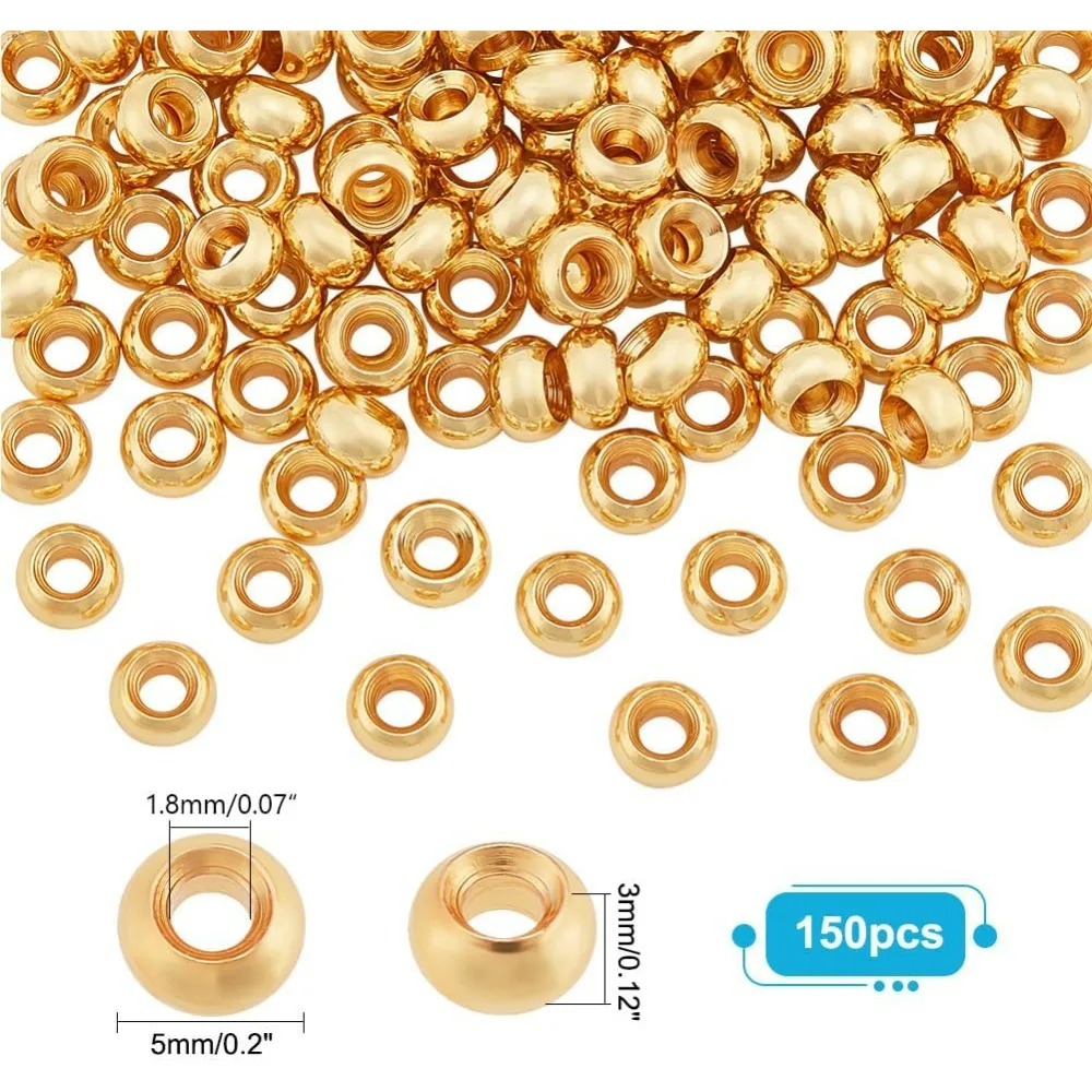 150pcs 18K Gold Spacer Beads, 5mm Flat Round Beads Heishi Rondelle Bead Disc Loose Bead Metal Spacers for Heishi Clay Bead