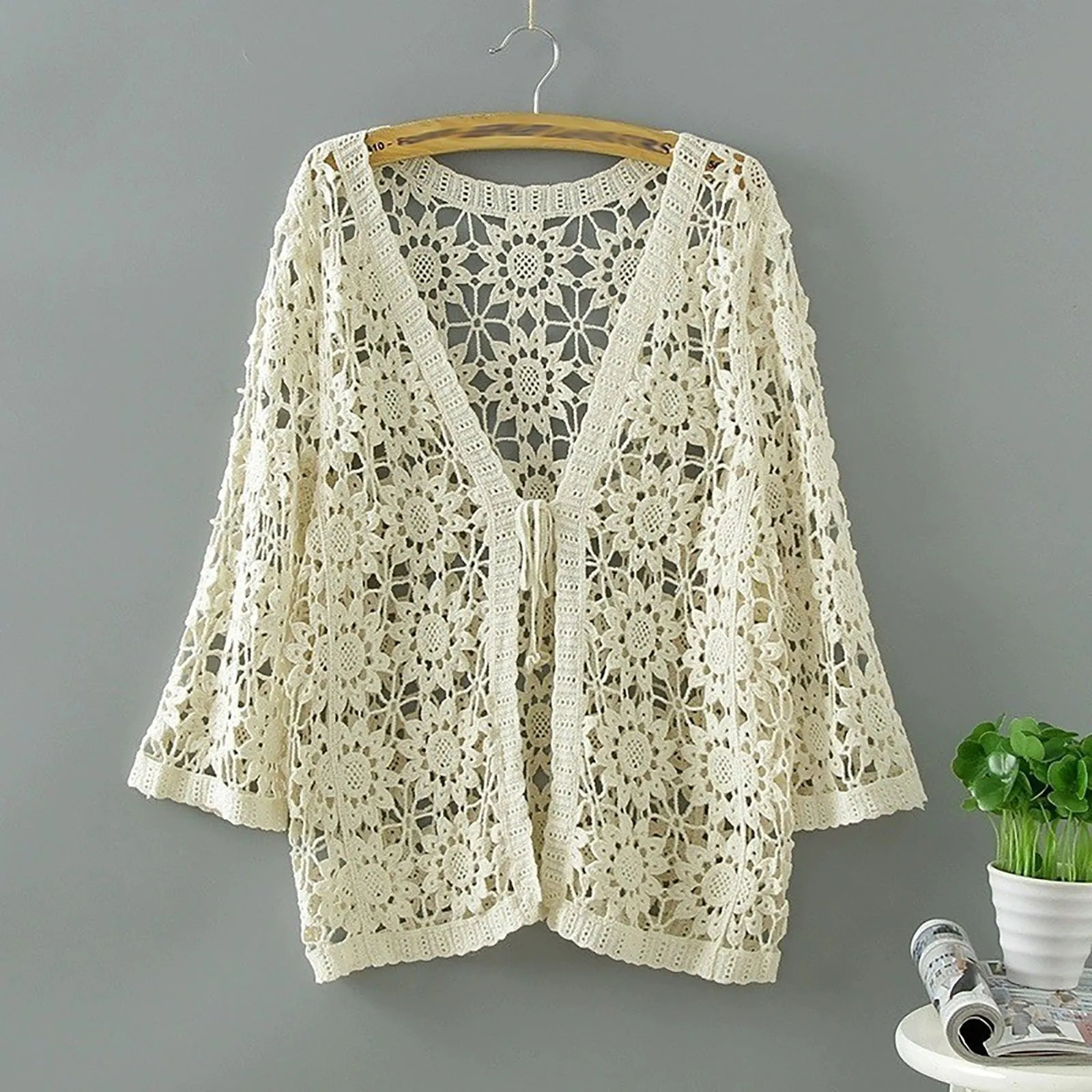 Women\'s New Cardigan Women\'s V-Neck 3/4 Sleeve Crochet Lace Openwork Blouse Korean Shirt Versatile Jacket Front Tie Cardigan