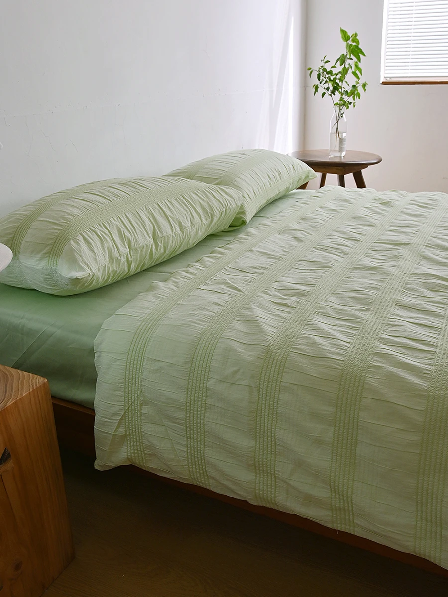 100% Cotton Green Seersucker Bedding Set Striped Duvet Cover with Pillowcases, Single & Double Size for Spring and Summer