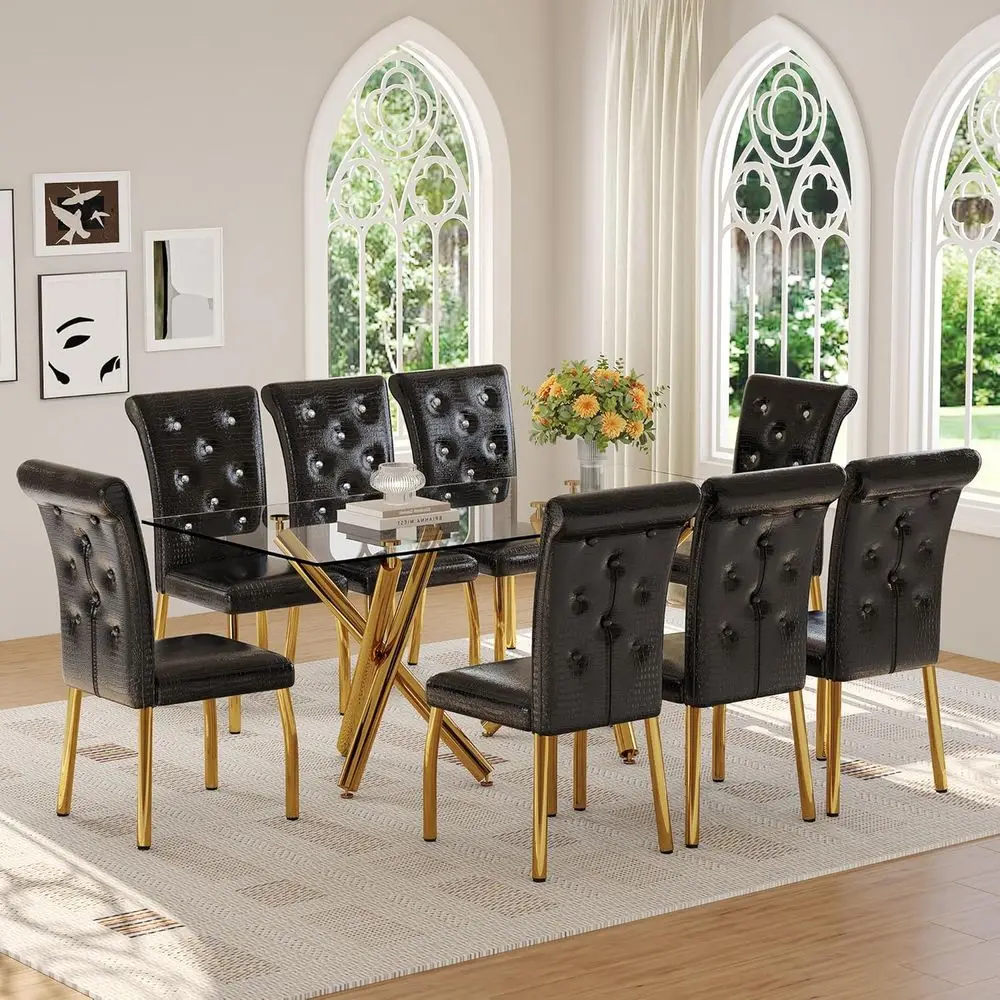 

Elegant 71 Glass Dining Table with 8 Black Leather Chairs, Tempered Glass Top & Gold Legs for Kitchen Dining Room