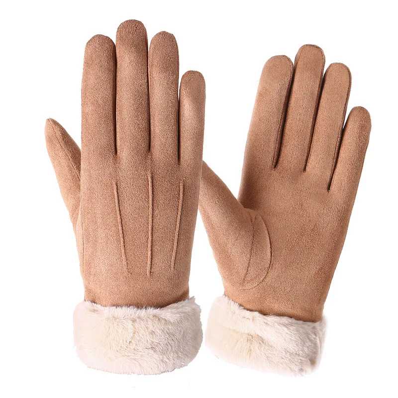 Gants de cyclisme en cuir suédé pour femme, mitaines épaisses, velours chaud, peluche, extérieur, écran tactile, conduite, femme, hiver, automne