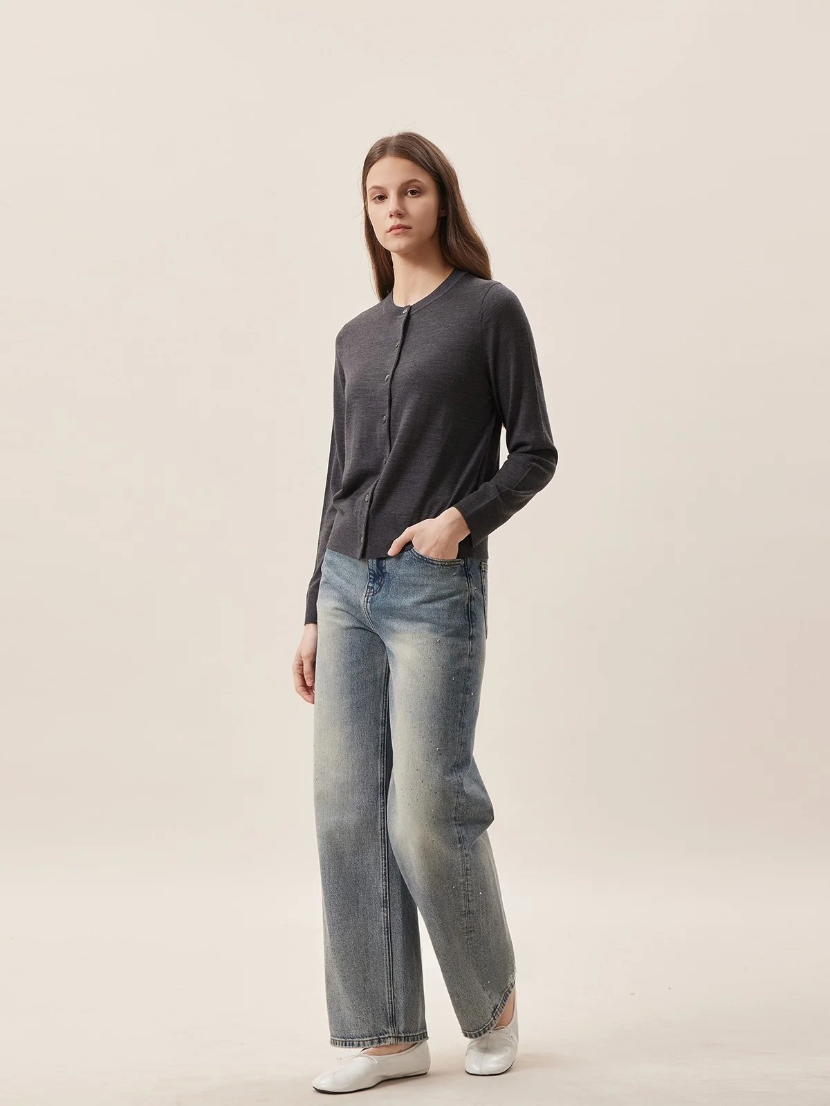 

Theease Comfortable Pure Cotton Glitter Rhinestone Vintage Sle Distred Blue Straight Leg Women's Casual Versatile Jeans