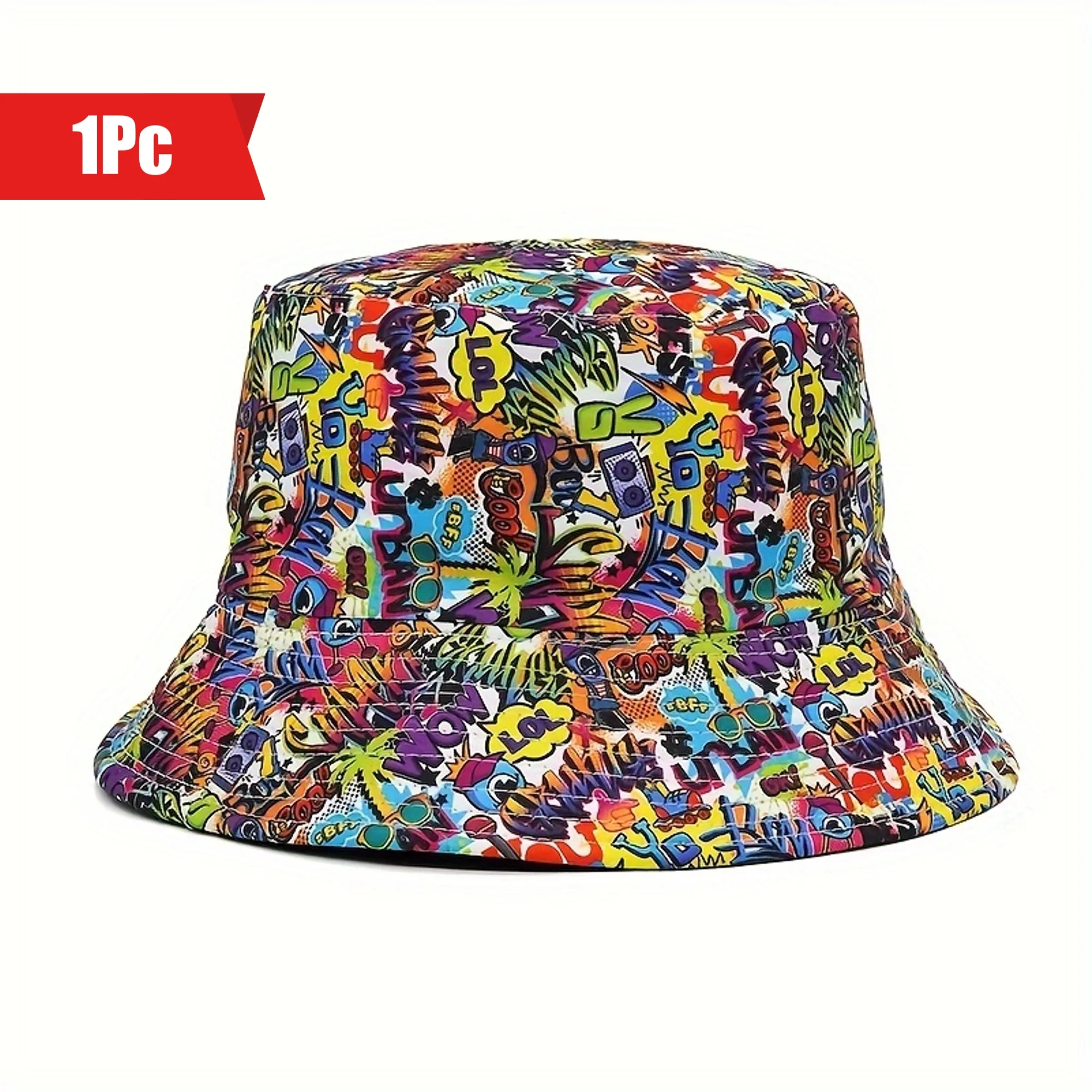 Unisex Graffiti Music Instrument Print Bucket Hat Punk Style Polyester Fisherman Cap Street Hip-Hop Machine Washable