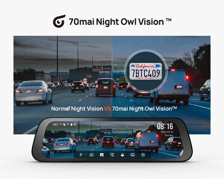70mai Rearview Dash Cam S500 9.35'' Touch Screen 70mai S500 Car DVR 3K Super Capacitor Dual-Channel HDR Voice Control 24H Park
