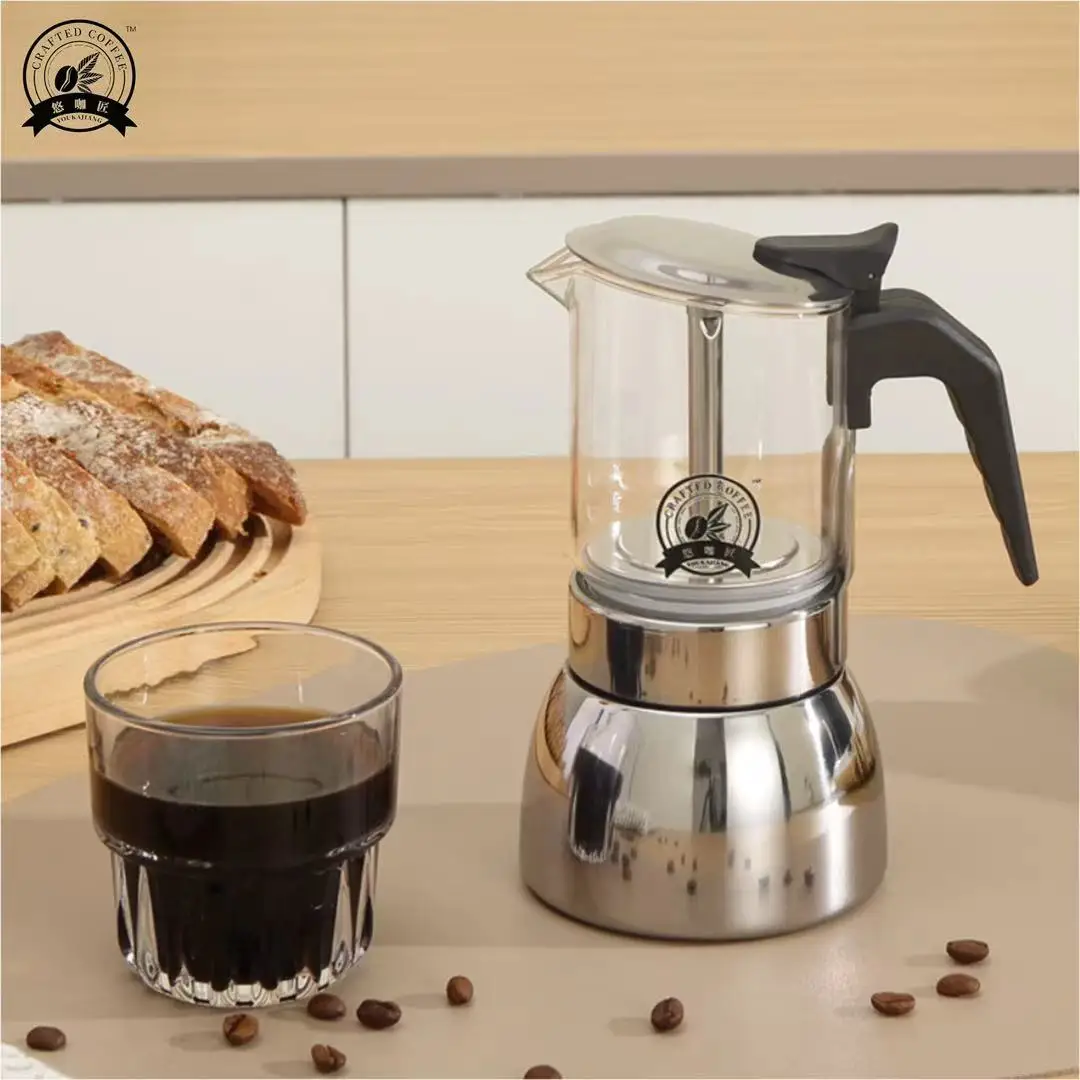 4/6 وعاء موكا شفاف: جسم زجاجي عالي البورسليكات، قاعدة متينة 430. استخدام المنزل/المكتب/التخييم. يعمل على الحث والغاز