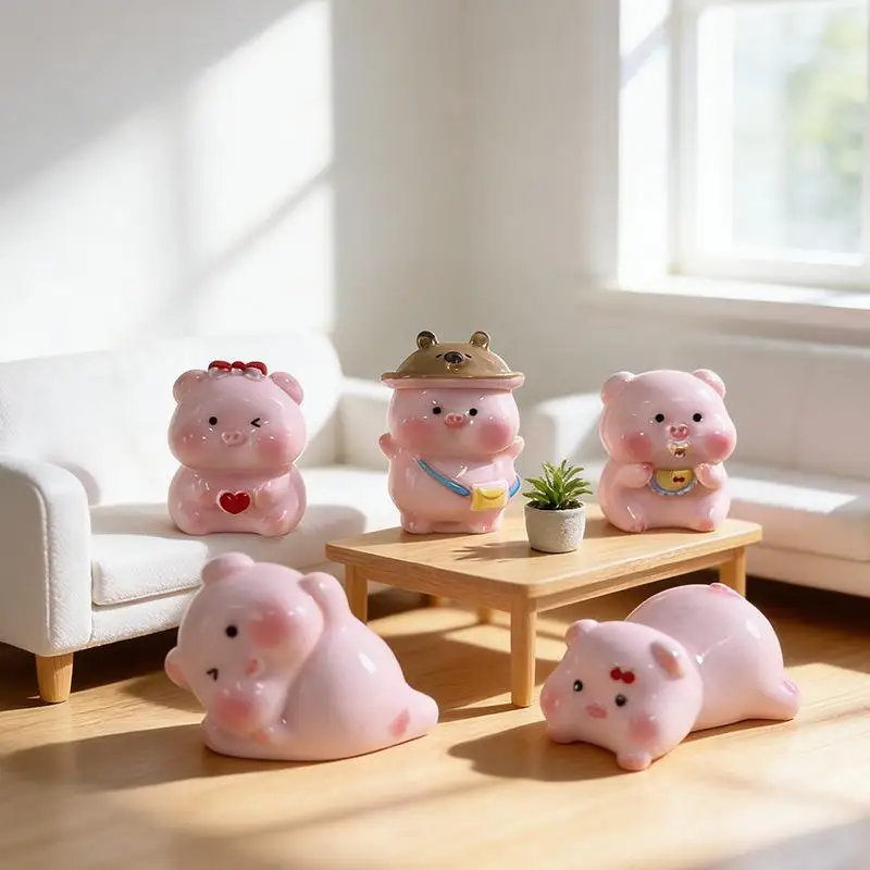 Cute Pink Pig Mini Figurine Cartoon: Resin Desktop Decoration Animal Shelf Ornament