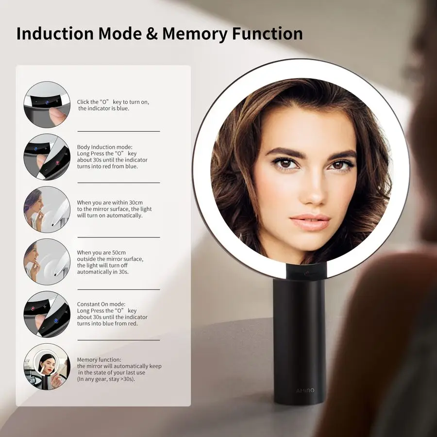 9 مرآة مكياج مضاءة مع مستشعر ذكي للتحكم باللمس، 3 ألوان أمبير 6 سطوع، أمبير لاسلكي قابل لإعادة الشحن، وظيفة الذاكرة