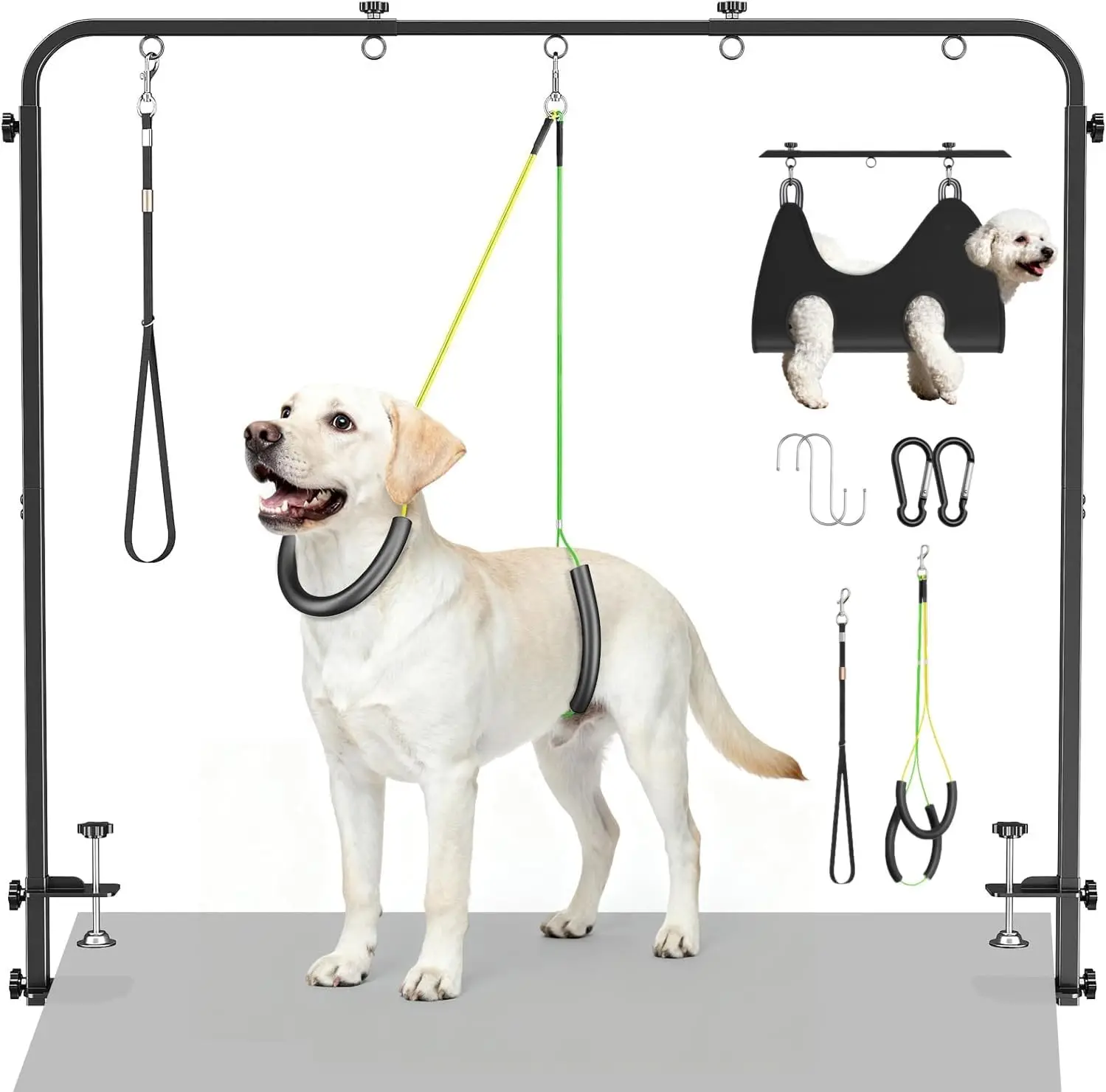 

Dog Grooming Arm with Hammock & 2 Nooses - Adjustable Table Arm Height 20''-42'', Width 27''-39'', Table Clamp Up to 2.76