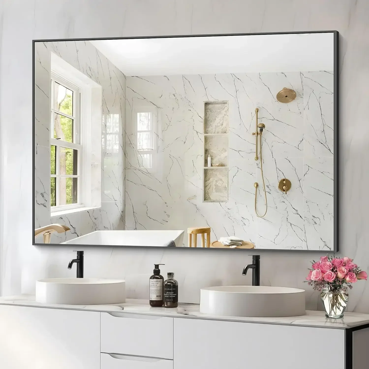 

36x50inch Bathroom Mirror, Black Rectangle Mirrors with Thin Metal Frame, Large Rectangular Wall Mirror for Bathroom