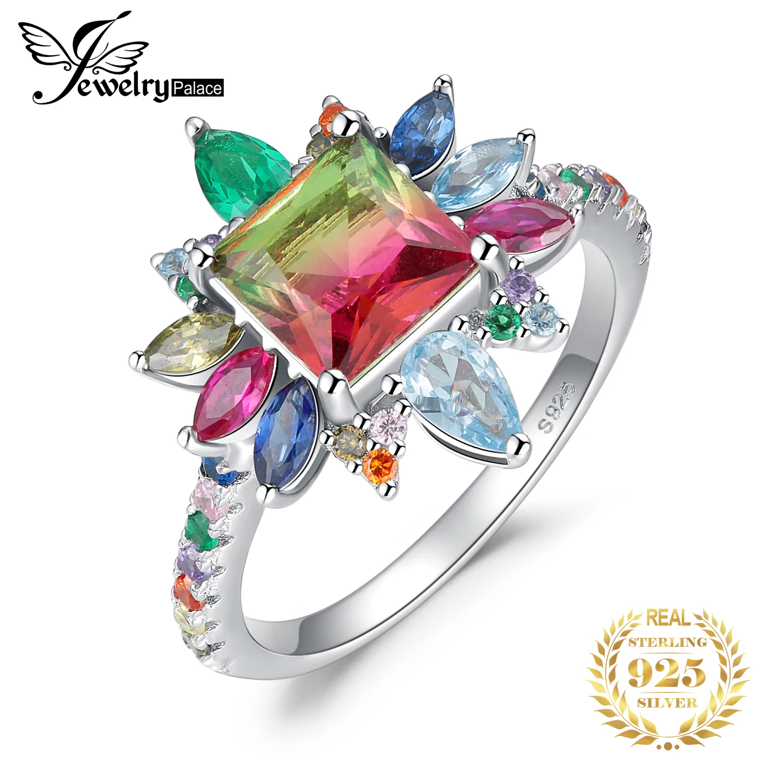 JewelryPalace New Arrival 4.6ct Nano Simulated Watermelon Tourmaline Created Ruby 925 Sterling Silver Halo Ring for Woman Girl