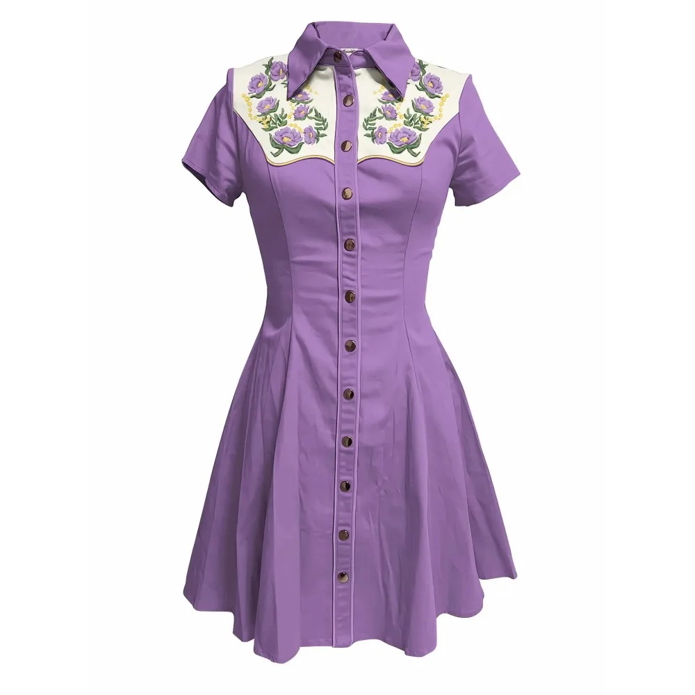 Fioletowe kwiaty z nadrukiem Western Cowboy Dress Women Button-down Dress Short Sleeves 100% Cotton Dress Summer Ins Style Streetwear