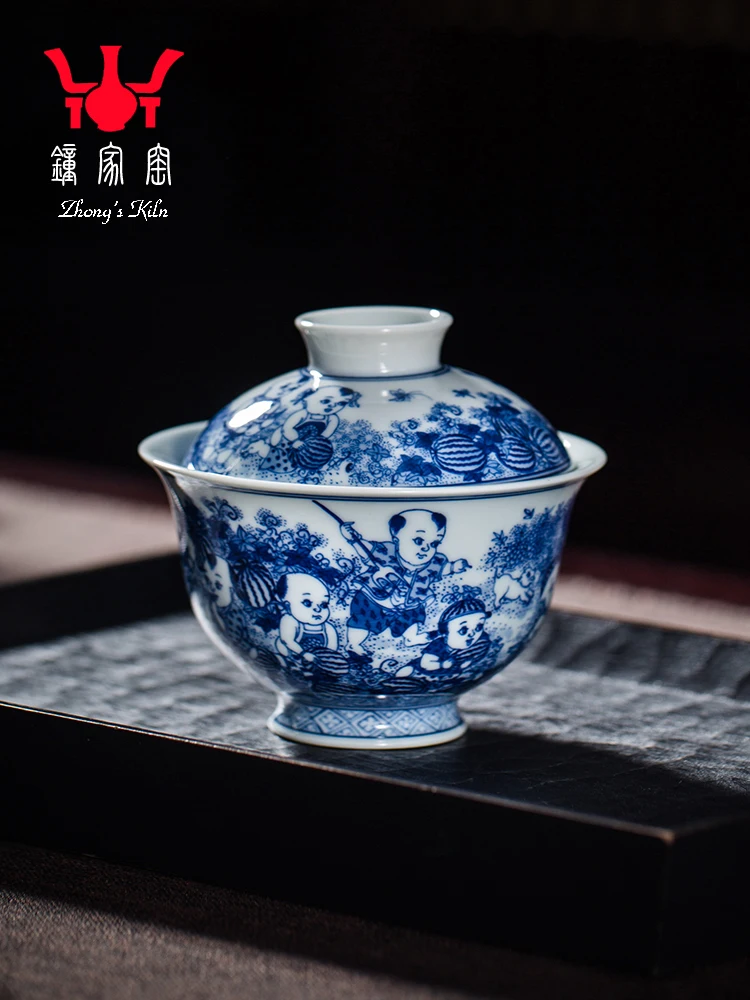 

Zhongjia Single Cover Tea Cup Jingdezhen Chai Kiln Blue And White Hand Painted Gua Tian Tong Qu Er Cai Bowl Kung Fu