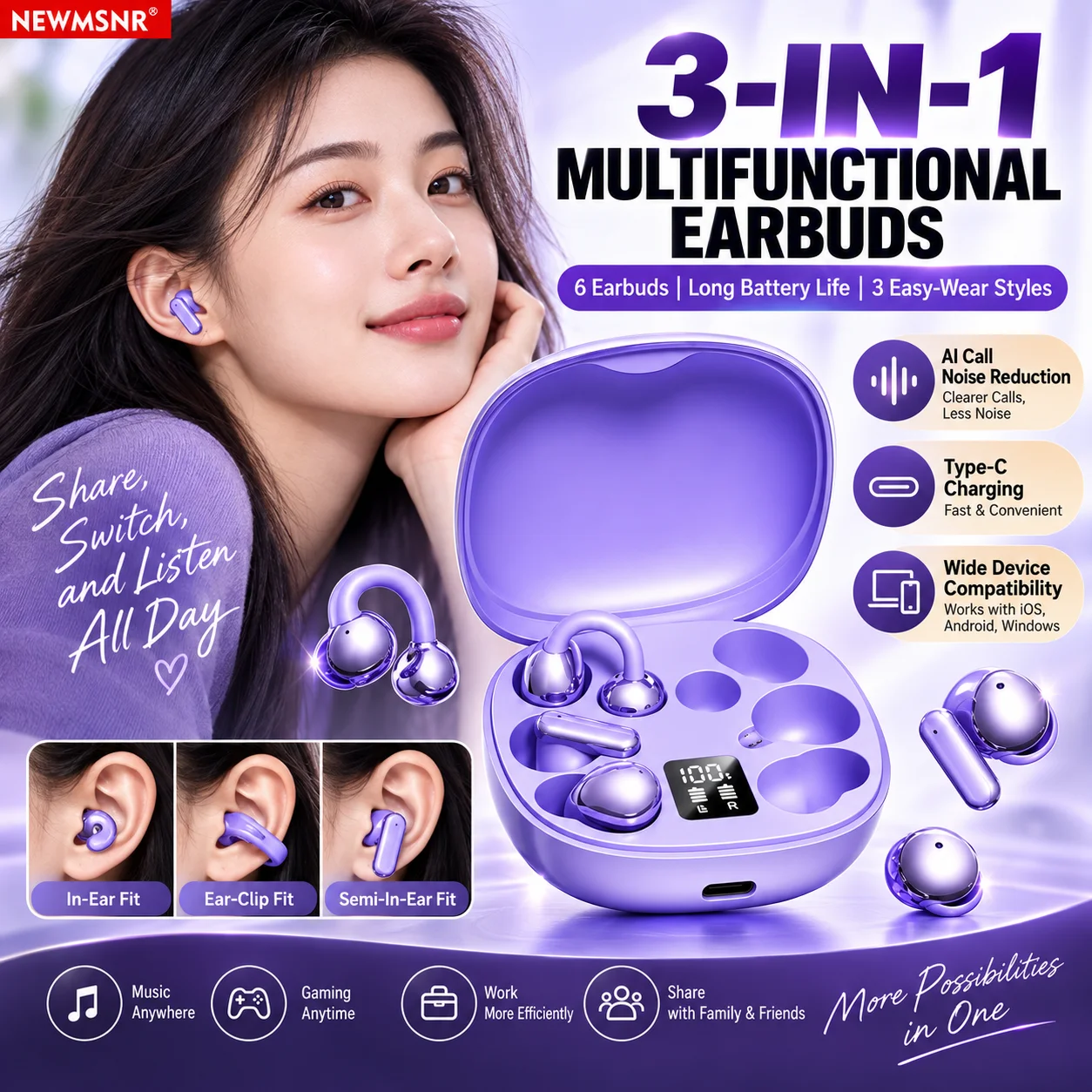 Sleep Mask Headphones Bluetooth - Earbud Bluetooth Nirkabel 3-in-1 In-Ear Ear-Clip