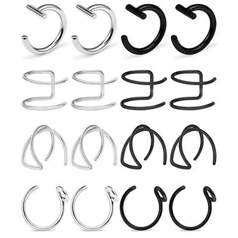 2-16Pcs Fake Lip Rings T Shaped Stainless Steel Gothic Clip On Non Piercing Nose Ring Double Cartilage Helix Ear Cuff For Women