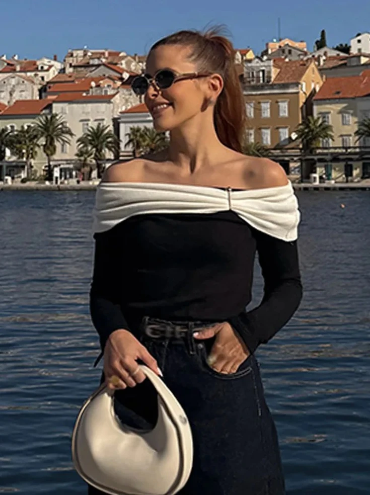 

Женские повседневные свободные вязаные топы с вырезом-лодочкой, длинными рукавами и металлическим декором, пуловеры, модные весенние свитера для женщин