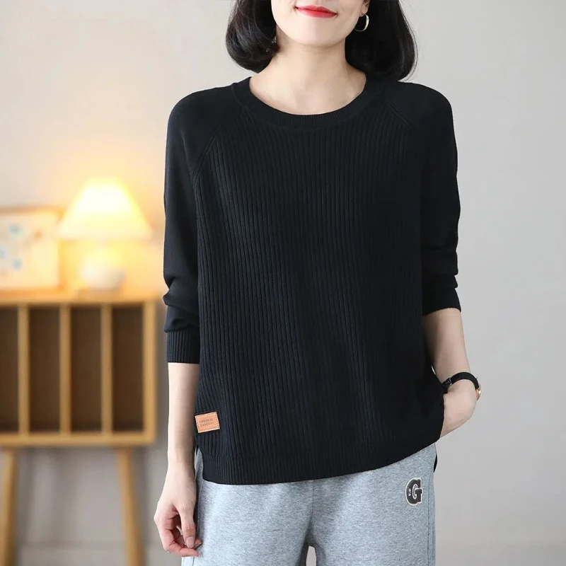 Korean Women\'s 2024 Autumn Winter New Splicing Pullovers O-Neck Screw Thread Fashion Solid Loose Casual Long Sleeve Knitted Top