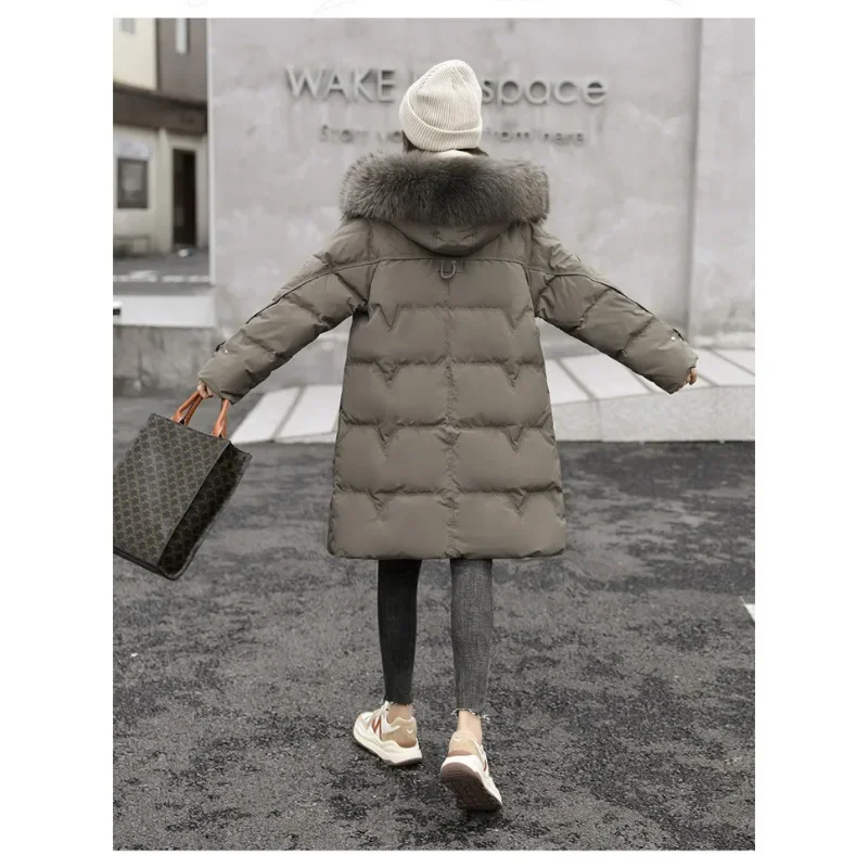 Thickened Mid-Length Down Jacket for Women, Quilted Puffer Coat, Zip-Off Faux Fur Hood, Winter