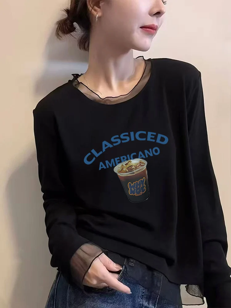 Fashionable Long Sleeve T-Shirt Women's Mesh Lace under Shirt Korean Style Autumn Winter New Arrival Slimming Top Commute Style