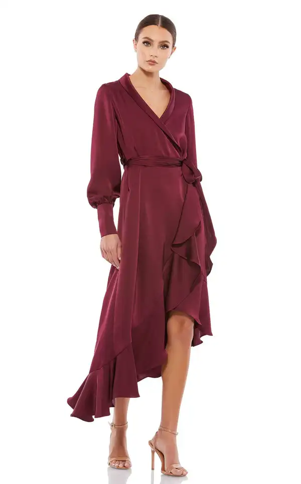 

Customized Retro Charmeuse Sash Bow Button Ruffle A-line V-neck Hi-Lo Dresses Bespoke Occasion Dresses Exquisite Sizes Available