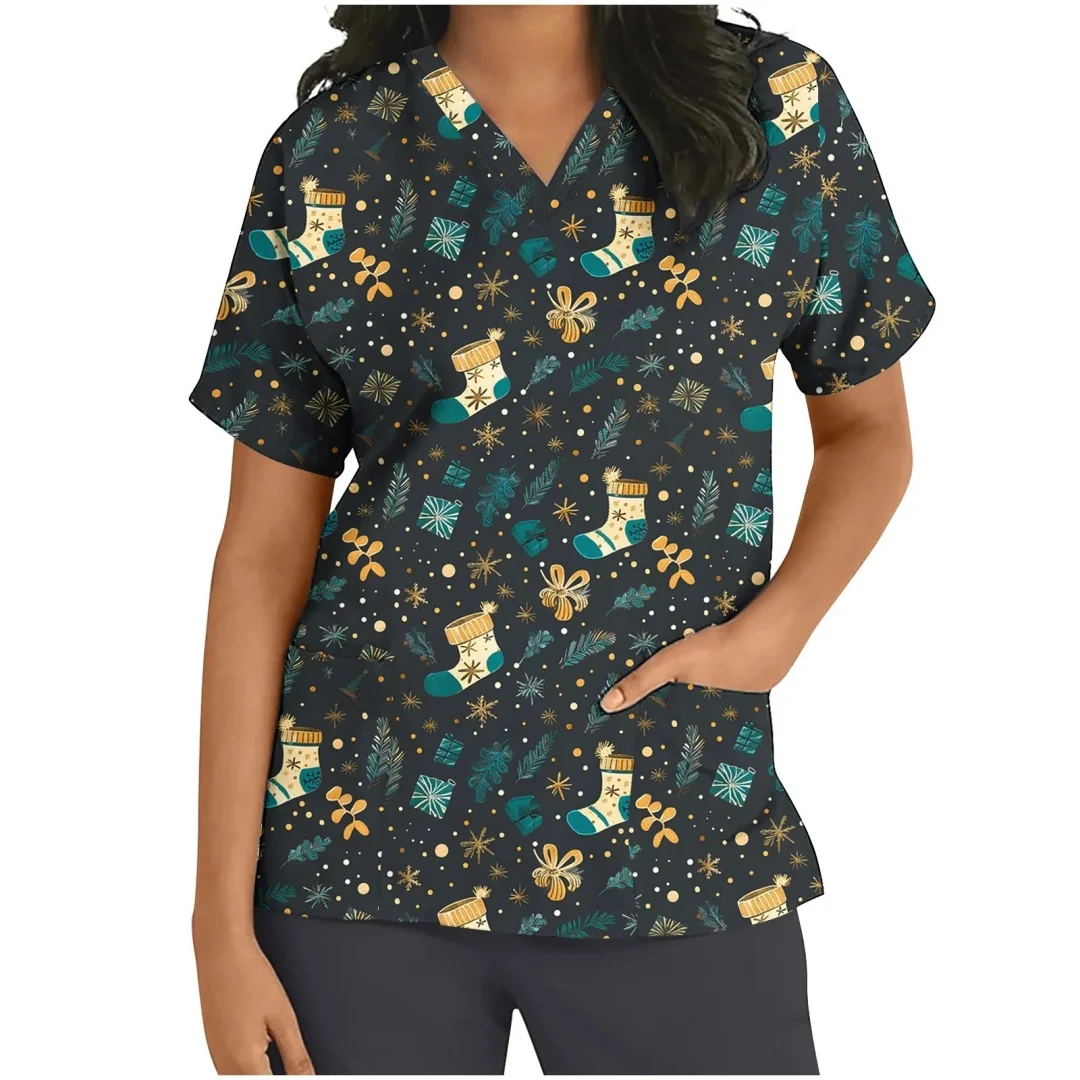Uniforme sanitário feminino bonito boneco de neve impressão com decote em v manga curta bolsos micro material elástico topos uniformes clínicos feminino topo