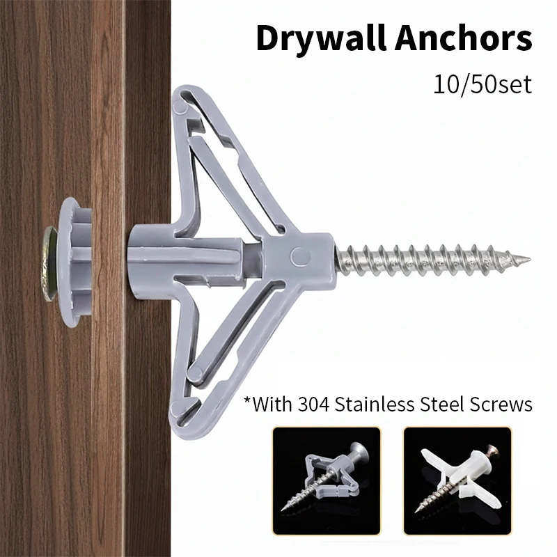 10/50 Set Premium Drywall Anchors Assortment. Strong Butterfly & Conical Plastic Wall Plugs W/ 304 Stainless Screws