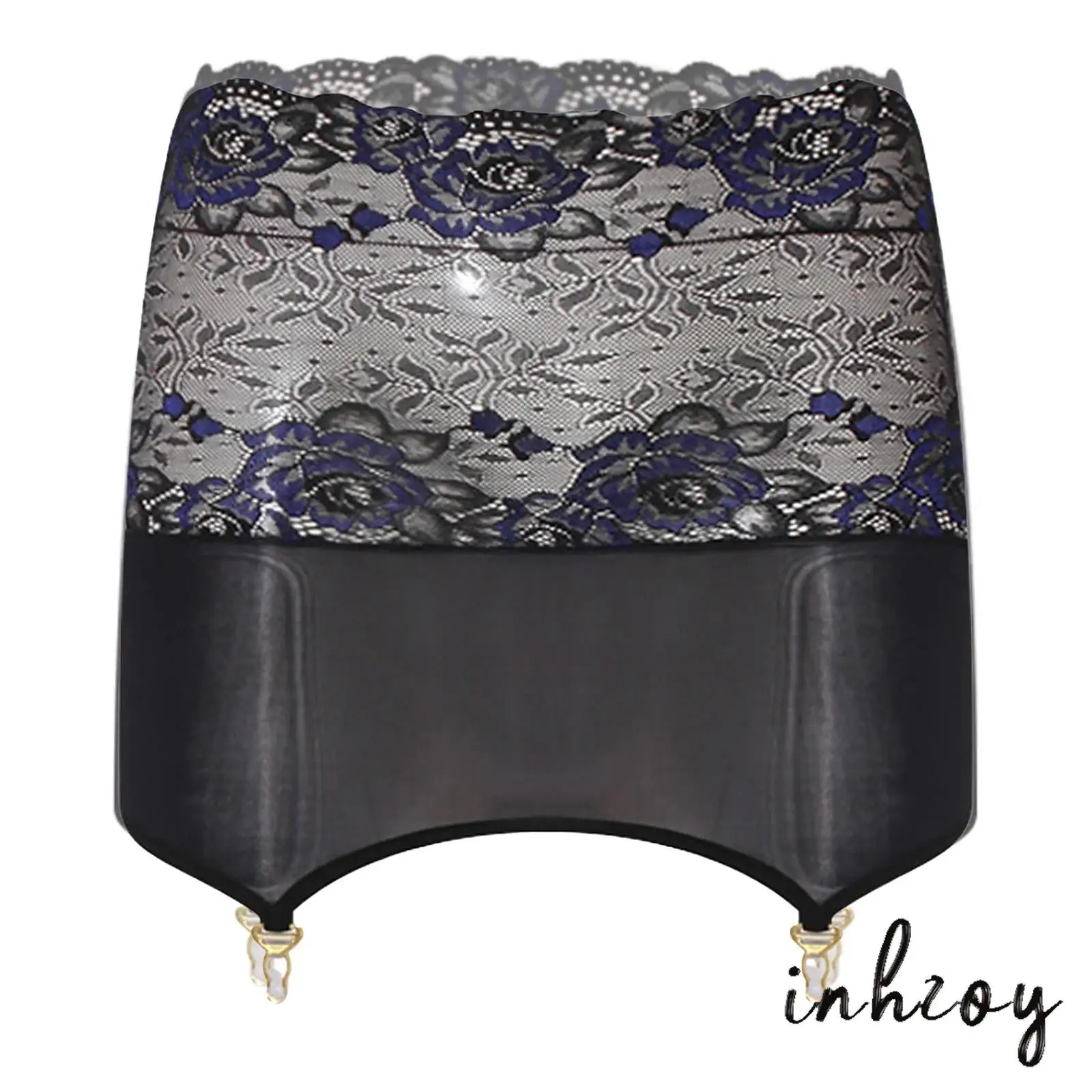 

Womens Glossy Bodycon Skirt with Clips Garter Suspenders Belts Floral Lace Trims High Waist Miniskirt Stockings Holders Lingerie