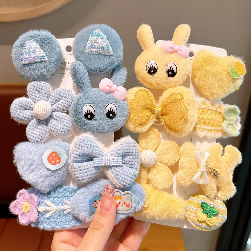 Autumn And Winter New Children's Hair Accessories Plush Hair Clip Girl Baby Cute Cartoon Rabbit Set With Hairpins