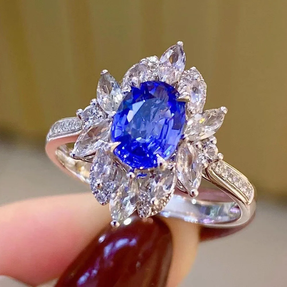 

New Luxury Sapphire Blue CZ Zircon Ring For Women Shiny Multi-Stone Inlaid Fashion Gemstone Party Wedding Jewelry Gift Wholesale