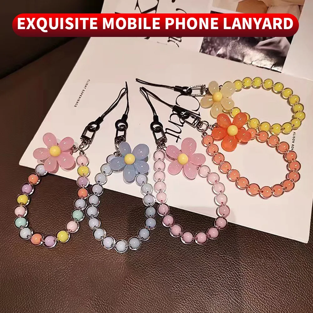 Phone Anti-lost Lanyard Key Short Wrist Pendant Colorful Macaron Round Bead Pendant Women's Hand-held Chain Mobile Phone Lanyard