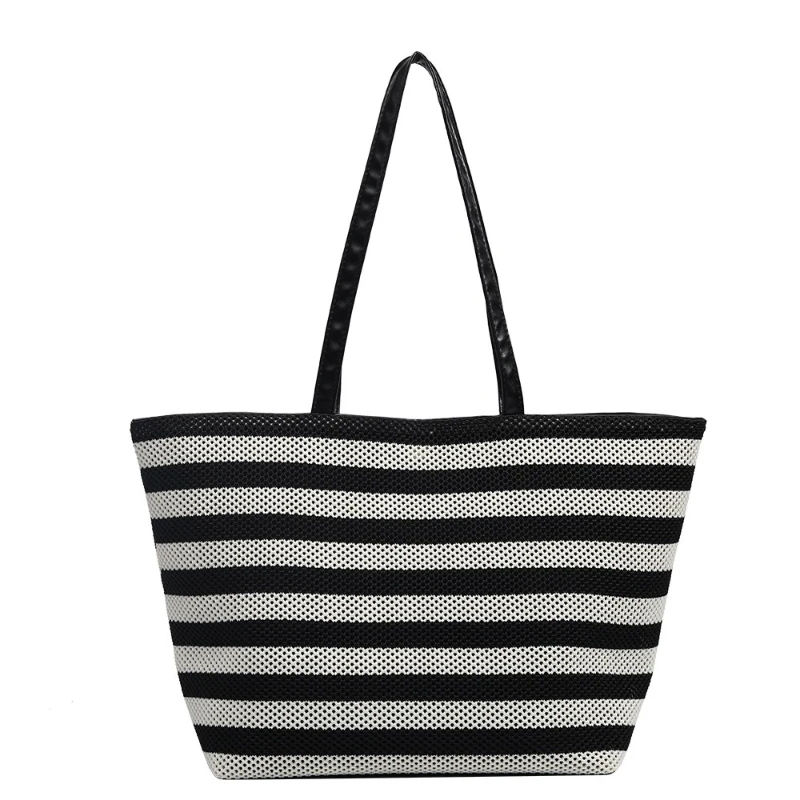 

High End Striped Women Large Tote Bag Woven Single Shoulder Bag Lazy Style Lightweight Vacation Beach Travel Shopping Bag