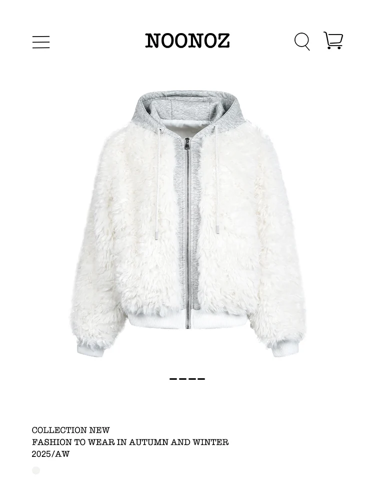 

Noonoz Winter Hooded Faux Fur Jaet Men's Neutral Sle Trendy Brand Couple Design Warm Outerwear Long Sve Zipper Closure